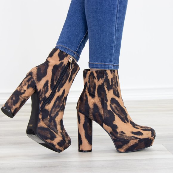 Shoes - Leopard animal print platform ankle booties